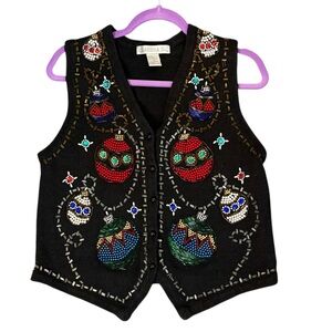 Vintage Claudia D. Christmas Ugly Sweater Vest Festive Holiday sequin Vest
